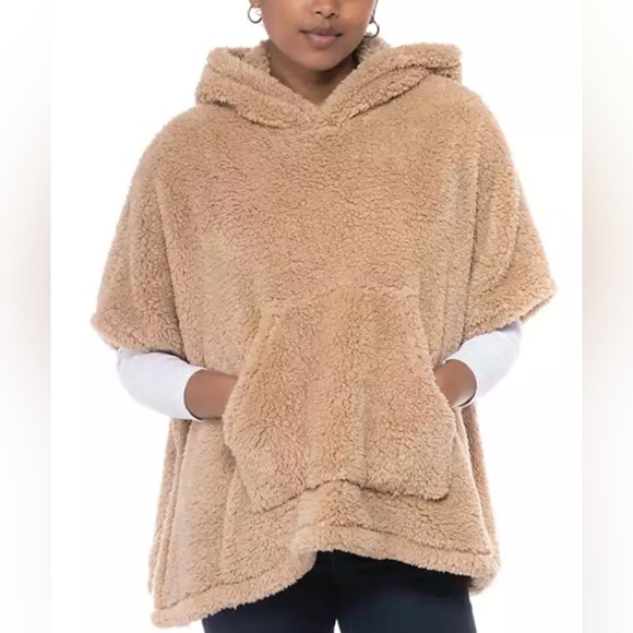 Sweaters - Jenni Women's Hooded Sherpa Pocket Poncho Sweater Kangaroo Pockets - One Size